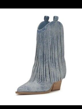Jessica Simpson Blue Denim Allover Rhinestone Pointed Toe Fringe Cowgirl Boots